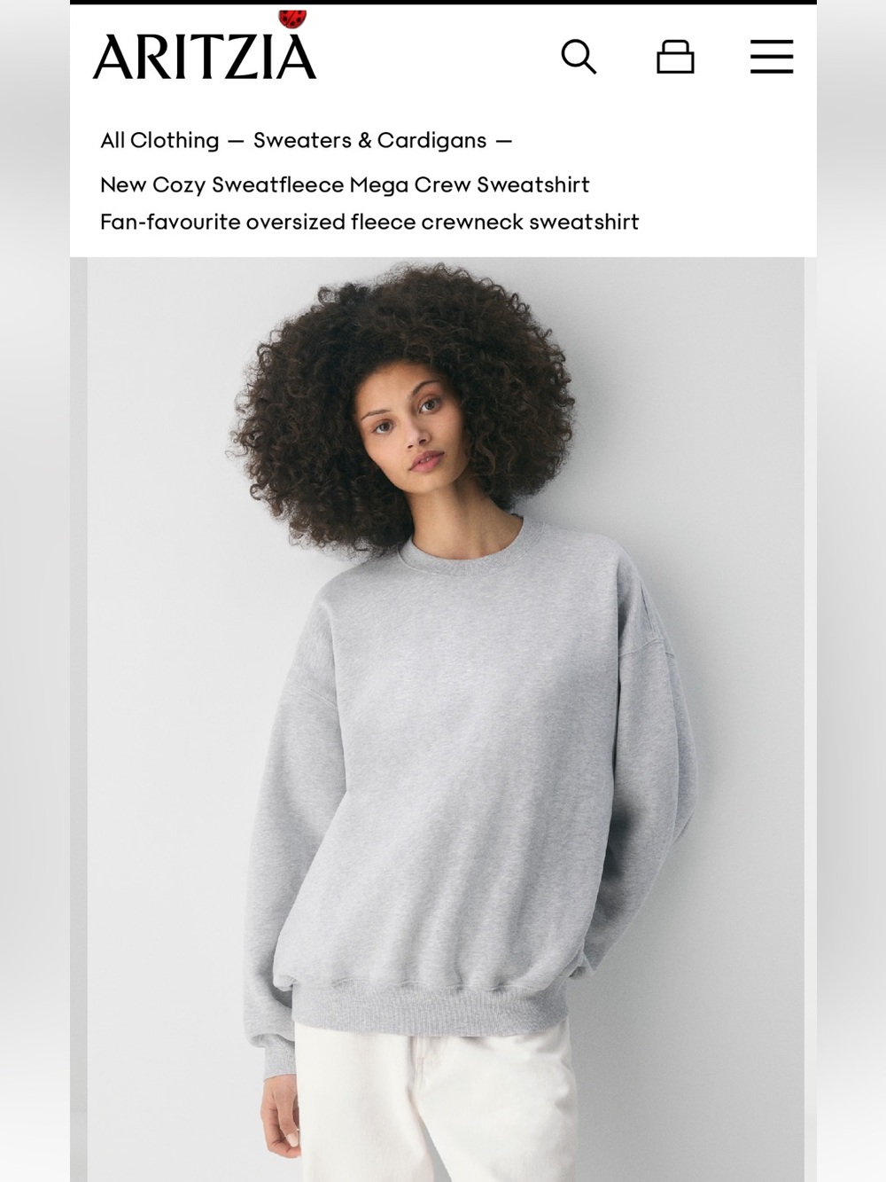 NWOT-Aritzia Cozy Sweatfleece Mega Crew Sweatshirt - Light Gray